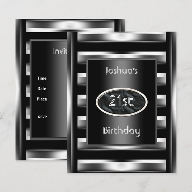 21:a födelsedag Party Elegant Black Metall Manar 3 Inbjudningar (Fram/baksida)