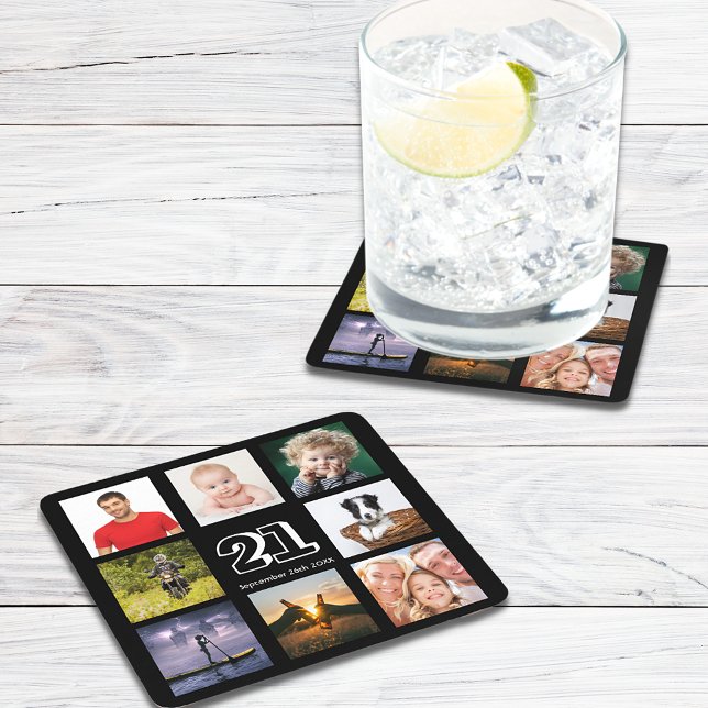 21:a födelsedag, party fotokollage, svart underlägg papper kvadrat (Skapare uppladdad)