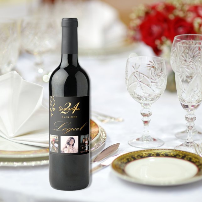 21:a födelsedag party fotosvart guld cheers chic vinflaska etikett (Skapare uppladdad)