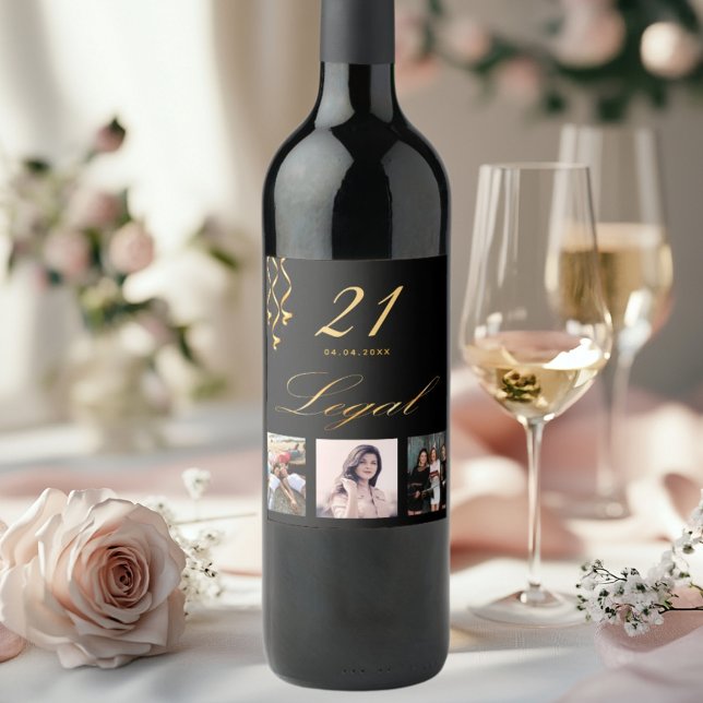21:a födelsedag: party fotosvart guld legal vinflaska etikett (Skapare uppladdad)