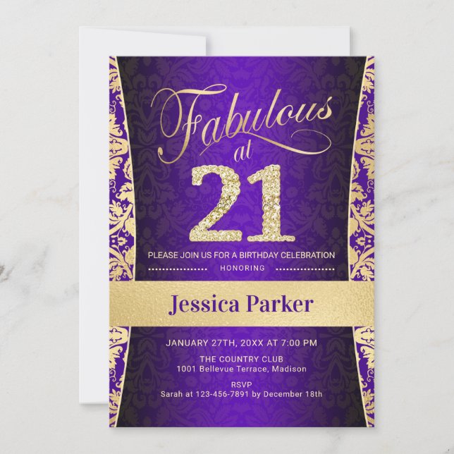 21:a födelsedag Party - Guld Lila Inbjudningar (Framsida)