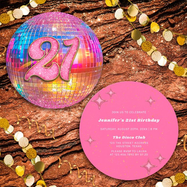 21:a födelsedag Party Guld Rosa Glitter Disco Boll Inbjudningar (Front/Back)