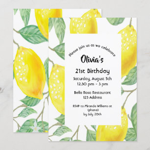 21:a födelsedag party gult citroner vita inbjudningar