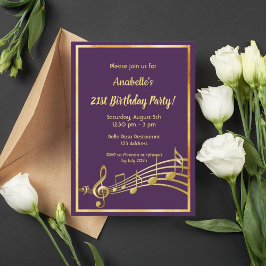 21:a födelsedag party lila guld musik noter inbjudningar