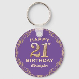 21:a födelsedag Party Lila och Guld Glitter Ram Nyckelring