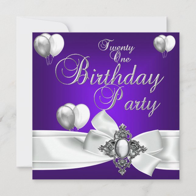 21:a födelsedag Party Lila Vita Silver-ballonger Inbjudningar (Framsida)