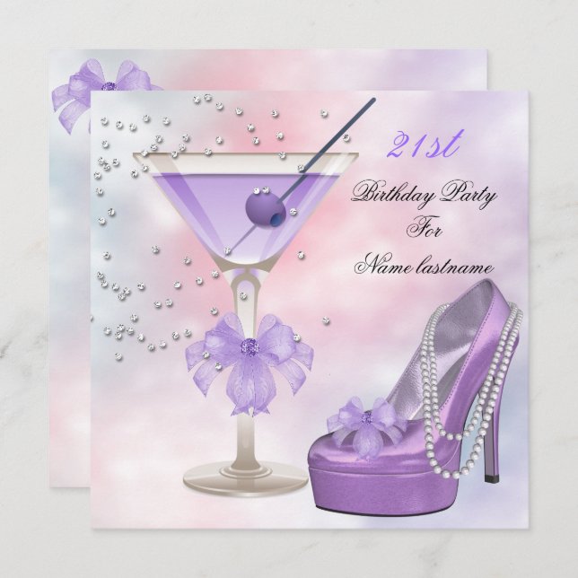 21:a födelsedag Party Lilac Martini Lila Rosa Inbjudningar (Fram/baksida)