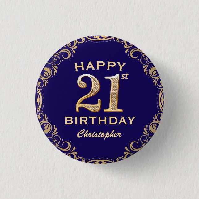 21:a födelsedag Party marinblått och Guld Glitter Knapp (Framsida)