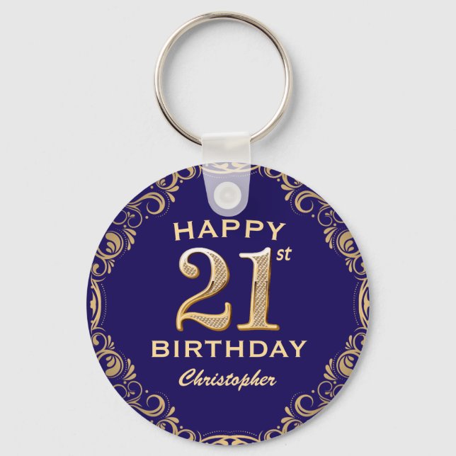 21:a födelsedag Party marinblått och Guld Glitter Nyckelring (Framsida)