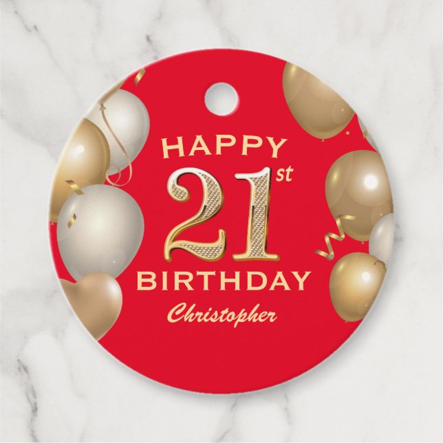 21:a födelsedag Party Red och Guld Gåvor Etiketter (Framsida)