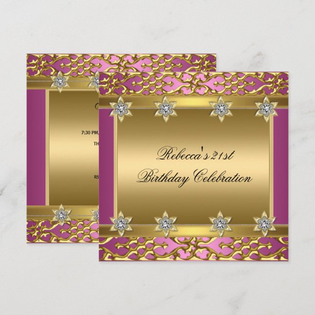 21:a födelsedag Party Rik Rosa Elegant Ornate Guld Inbjudningar (Fram/baksida)