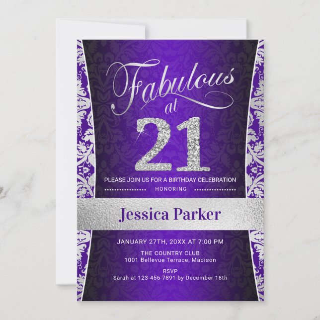 21:a födelsedag Party - Silver Lila Inbjudningar (Framsida)