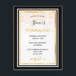 21:a födelsedag party svartvit inbjudan till guld<br><div class="desc">Ett elegant födelsedagsfest-inbjudningskort för en 21-årsdag för både manar och kvinnor. Mallar för din information. Svart och faux guld ramar och golden konetti regn. Elegant,  vit bakgrund,  svart och guldfärgat brev. Namn är skrivet med ett modernt handskript i stil.</div>