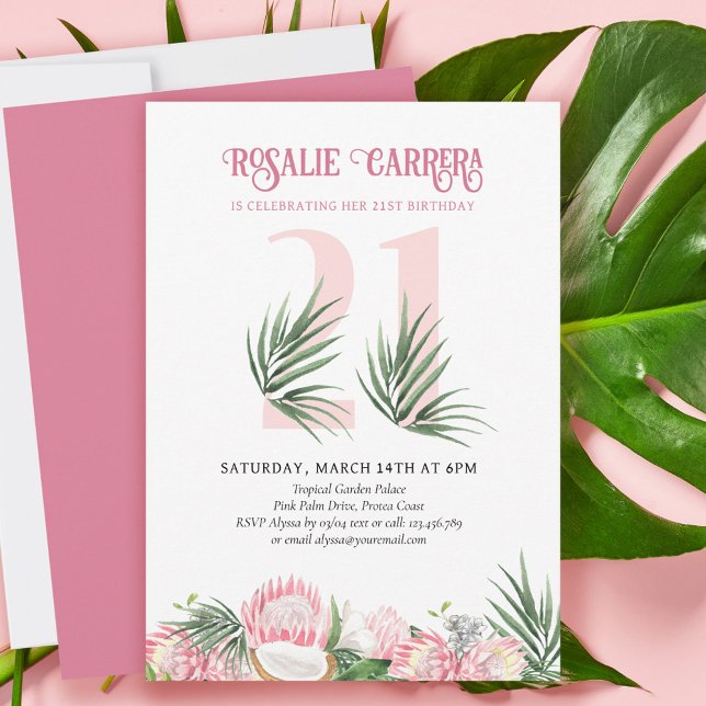 21:a födelsedag Party Tropical Rosa Protea nummer  Inbjudningar (Skapare uppladdad)