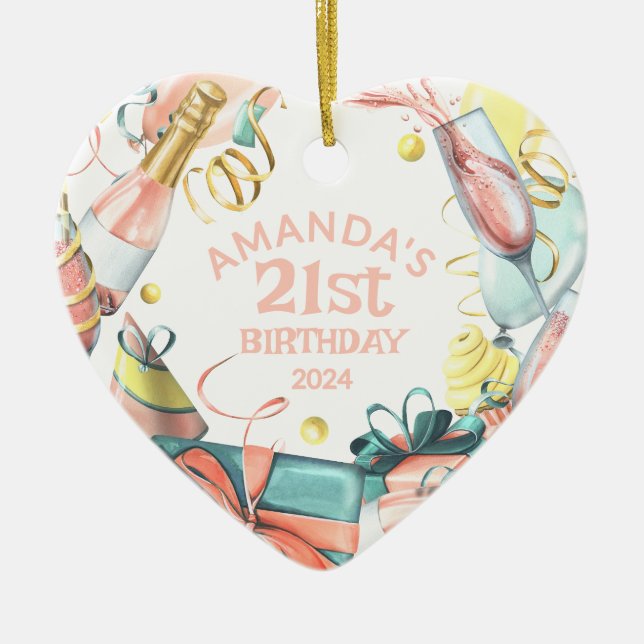 21:a födelsedag Personligen Namn Year Girl Heart Julgransprydnad Keramik (Framsidan)