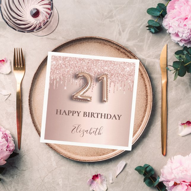 21:a födelsedag ro guld glitter rosa-ballong stil pappersservett (Skapare uppladdad)
