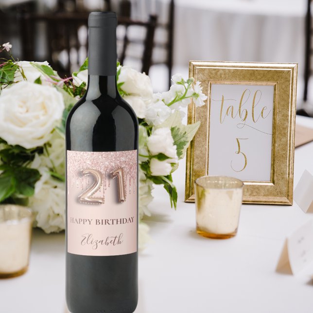 21:a födelsedag ro guld glitter rosa-ballong stil vinflaska etikett (Skapare uppladdad)