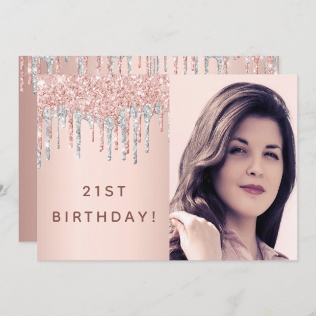 21:a födelsedag ro guld glitter rosa silver inbjudningar (Fram/baksida)