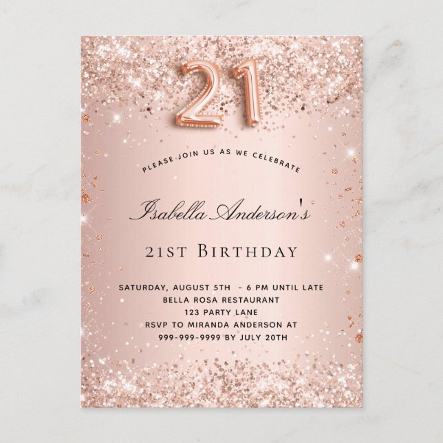 21:a födelsedag ro guld  glitter stoft inbjudan vykort (Framsida)