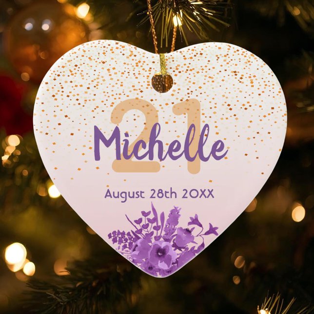 21:a födelsedag ro guld rosa blommigt namn julgransprydnad keramik (Skapare uppladdad)