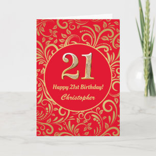 21:a födelsedag Röda och Guld-Blommönstret Kort