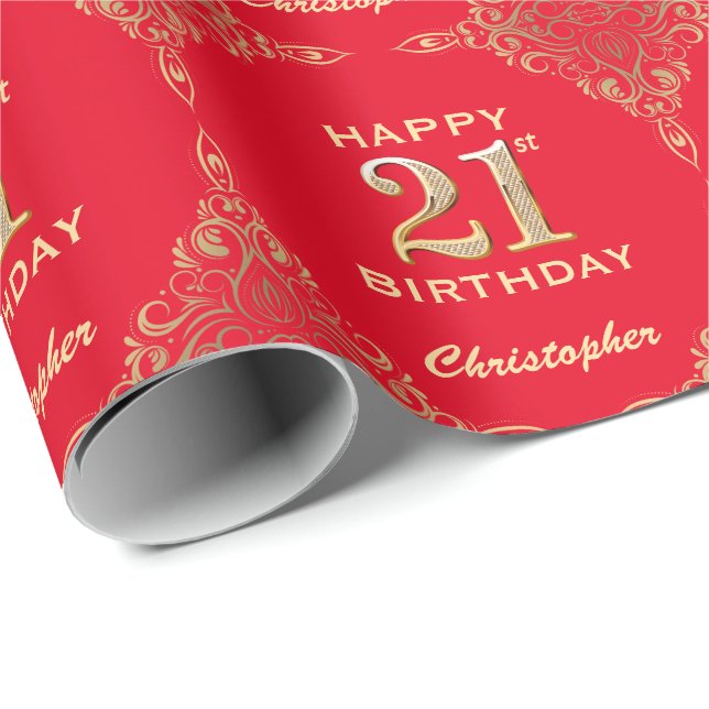 21:a födelsedag Röda och Guld Glitter Ram Presentpapper (Rullad Hörn)