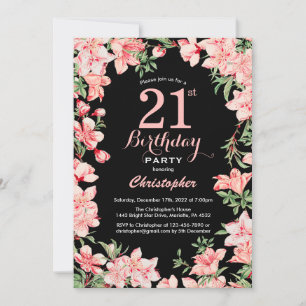 21:a födelsedag Rosa Blommigt Blommor, svart bakgr Inbjudningar