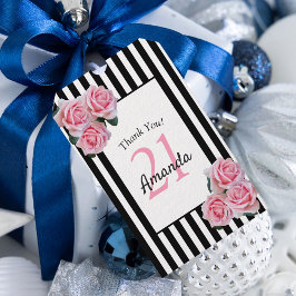 21:a födelsedag rosa blommigt svart vitt rand presentetikett