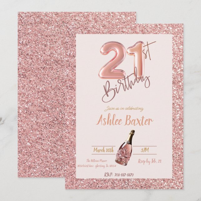 21:a födelsedag Rosa Byte Rosa Glitter Inbjudningar (Fram/baksida)