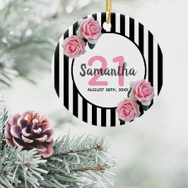 21:a födelsedag rosa ros svartvit rand julgransprydnad keramik