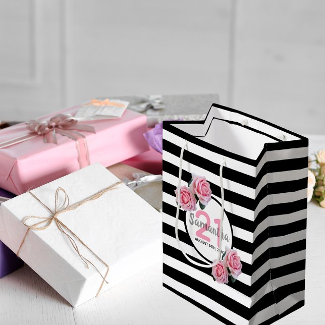 21:a födelsedag rosa ros svartvit rand namn (Skapare uppladdad)
