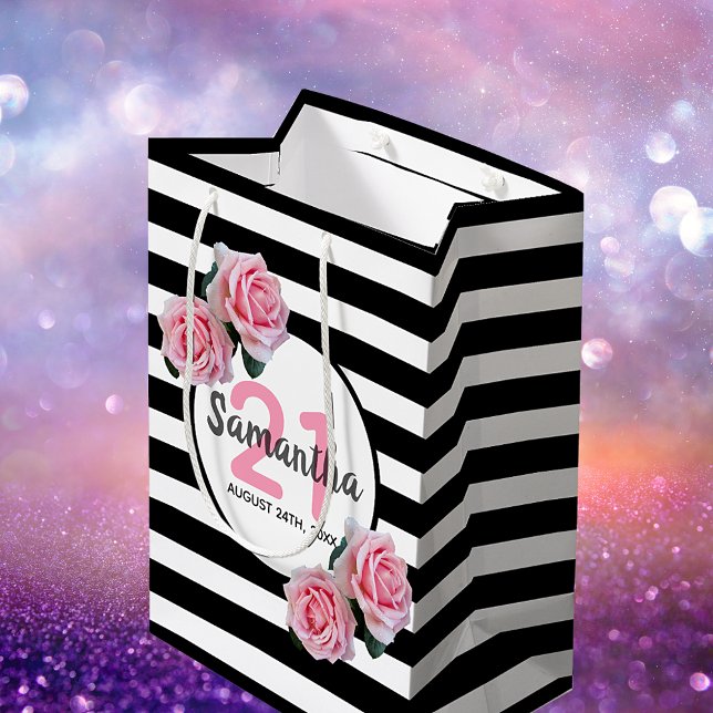 21:a födelsedag rosa ros svartvit rand namn (Skapare uppladdad)