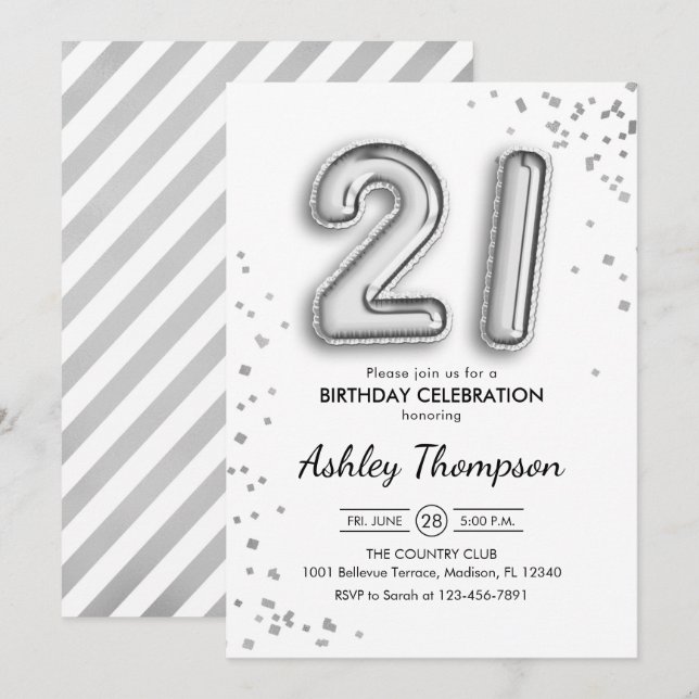 21:a födelsedag - Silver-ballonger Inbjudningar (Fram/baksida)