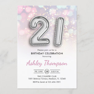 21:a födelsedag - Silver-ballonger Rosa Ljus Inbjudningar