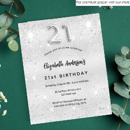 21:a födelsedag silver glitter budgetinbjudan flygblad