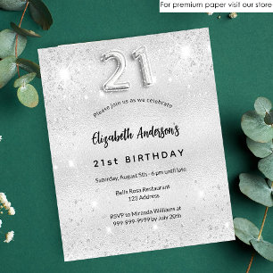 21:a födelsedag silver glitter budgetinbjudan flygblad
