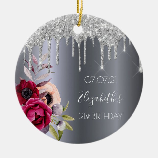 21:a födelsedag silver glitter droppar blommigt bu julgransprydnad keramik (Framsidan)