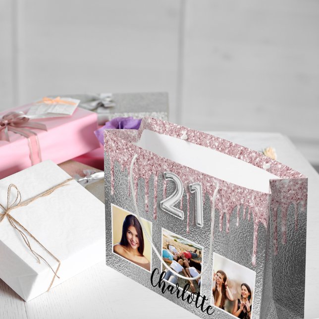 21:a födelsedag silver glitter fotot rosa monogram (Skapare uppladdad)