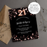 21:a födelsedag - svart budgetinbjudan för ro guld flygblad<br><div class="desc">Observera att inbjudan är papper och mycket tunn. Kuvert ingår inte. Om du vill ha mer omfattande inbjudningar (samma design) kan du besöka vår butik. En klassisk svart bakgrund, dekorerad med ro guld-stjärnor. Anpassa och lägg till information om namn och party. Nummer 21 skrivs med ett skript för ballong stil....</div>