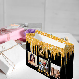 21:a födelsedag, svart guld glitter-droppfoto