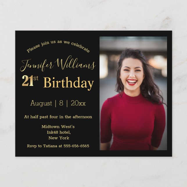 21:a födelsedag - svart gyllene fotoinbjudan (Framsida)