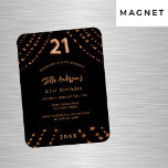 21:a födelsedag, svart inbjudan till ro guld-stjär magnet<br><div class="desc">För en elegant,  21:a födelsedag party. En svart bakgrund. Dekorerad med ro guld stjärnor. Anpassa och lägg till namn,  närmare uppgifter om party,  födelseår. Namn är skrivet med ett handskript i stil</div>