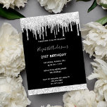 21:a födelsedag, svart inbjudan till silver glitte<br><div class="desc">En modern, snyggt och glamorös inbjudan till en ung kvinnas 21-årsdag party. En chic svart bakgrund med elegant faux glitter droppar, färgdroppstift. Anpassa och lägg till information om namn och party. Namn är skrivet med ett handskript i trendiget stil. Vit brev. Tips! Om du inte vill att det ska se...</div>