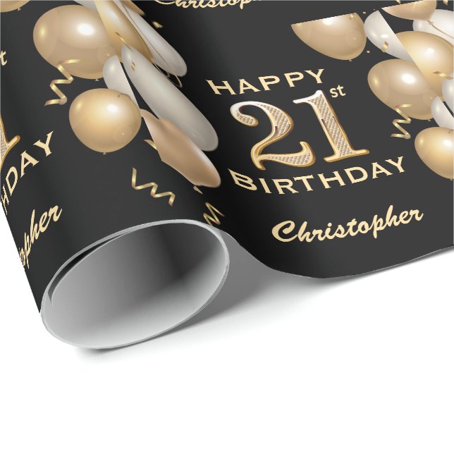 21:a födelsedag, svart och Guld Glitter Presentpapper (Rullad Hörn)