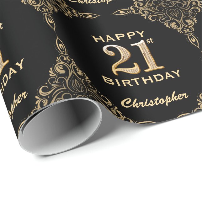 21:a födelsedag Svarta och Guld Glitter Ram Presentpapper (Rullad Hörn)