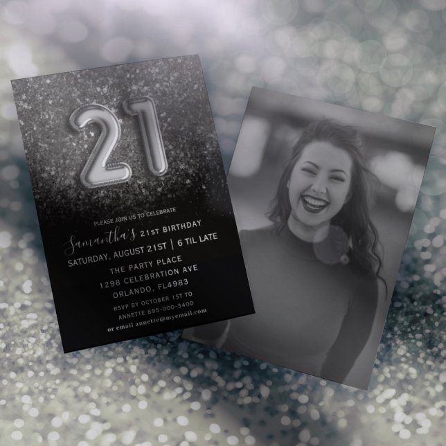21:a födelsedag Svarta Silver Glitter Party Inbjudningar (Skapare uppladdad)