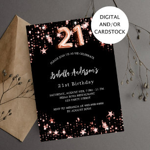 21:a födelsedag svarta stjärnor i ro guld inbjudningar