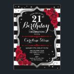 21:a födelsedag: Svartvit Rand Ro Inbjudningar<br><div class="desc">21:a födelsedagsinbjudan Elegant svartvit design med faux glitter. Svartvit rand med röd ros. Perfekt för ett elegant födelsedagsfest.</div>