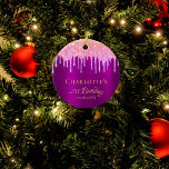 21:a födelsedag tack vare regnbågen lila glitter julgransprydnad keramik<br><div class="desc">Elegant, klassisk, glamorös och girig för 21:a födelsedag. En chic djup lila faux metallisk folie tittar bakgrund. Texten: 21:a födelsedagen och Tack, skriven med ett modernt handskript i stil. Dekorerad med regnbåge, färgad faux glitter, färgdroppstift i lila, rosa och ro guld. Anpassa och lägg till ett namn och ett datum....</div>