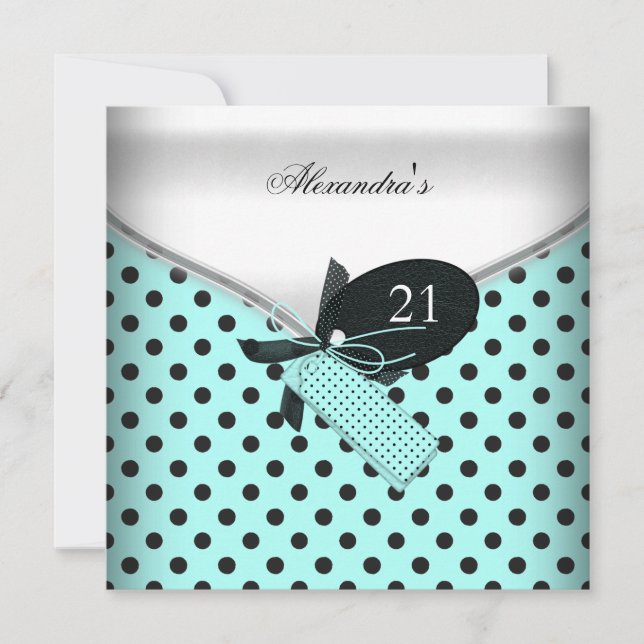 21:a födelsedag Teal Black White Polka Dot Bow-bil Inbjudningar (Framsida)
